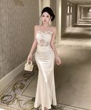 ロングドレス キャバドレス セクシー レース×チュール切替 サテン 上品 キャミソール マーメイドライン パーティー JC2-DD3832