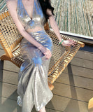 ロングドレス キャバドレス セクシー シルバー スパンコール 背中開き Vネック キラキラ 年会 二次会 JC2-XHY912609