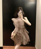 ミニドレスふわふわチュール着痩せ気質大人可愛いパーティーワンーショルダーセクシー WQ2-CD-7-529-67920700