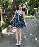 ミニドレス キャバドレス petiteサイズ ギャル系 デニム ステラップドレス アニマル柄 タイアップ ウェスト絞り JC2-ZED885346BH453