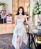 ミニドレス キャバドレス キャミソールワンピースクシー レース不規則デザイン Vネック 高見え KS2-DD5269