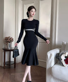 膝丈ドレス キャバドレス セクシー フェミニン ニットワンピース ラウンドネック ウエストマーク マーメイドライン 大人可愛い  デート LW2-ZED885053GT510D