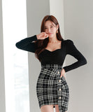 ミニドレス キャバドレス セクシー 韓国風 スクエアネック チェック切り替え タイト 長袖 小柄さん向け デートコーデ オフィスOK JC2-ZED88396A71