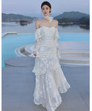 ロングドレス キャバドレス セクシー フレンチ マーメイド バタフライジャカード フリル 長袖 JC2-XHY913212