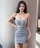 【4色】ミニドレス キャバドレス セクシー ギャル系 谷間魅せ シャーリング ベアトップ ボディコン クラブ 指名 JC2-YM8899