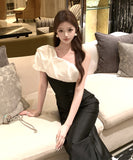 【2色】ロングドレス キャバドレス セクシー フレンチ ドレープ 切替 ワンショルダー ワンショルダー エレガント パーティー JC2-XHY918518