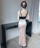 【2色】Lady's coco ロングドレス キャバドレス セクシー 韓国風 サテン 配色 フラワー装飾 スリット入り ボディコン JC2-MLS81282009