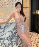 Lady's coco ロングドレス キャバドレス セクシー シャンパンカラー スパンコール キャミドレス 上品 パーティー 誕生日コーデ LW2-XHY5300