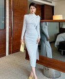 Lady's coco ロングドレス キャバドレス セクシー ブルーチェック タイトワンピース デザインリボン スリット入り 上品 スタイル 二次会 披露宴 上品  LW2-JY56009