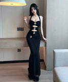 ロングドレス セクシー ホルターネック オフショルダー ローズモチーフ カットアウト 着痩せ パーティー JC2-DD5523