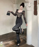 レース  ワイドパンツ オールインワン 谷間魅せ  セクシー 披露宴 二次会 XH2-ZRD885318DXH245