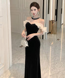 【2色】 ロングドレス キャバドレス セクシー ベロア マーメイドドレス ビジュー 仕上げ ウエストシェイプ シルエット 二次会 パーティー 披露宴 上品 LW2-OYF8731