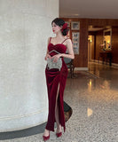 Lady's coco ロングドレス キャバドレス  セクシー ベロア キャミワンピース スリット入り 上品セクシー ハイウエスト ドレス  結婚式 二次会 披露宴 パーティー 上品 LW2-DD5946