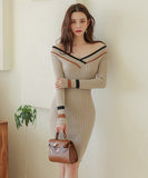 Lady's coco 膝丈ドレス キャバドレス セクシー 韓国スタイル 新作 バイカラー タイトワンピース オフショルダー LW2-DD6033