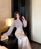 ロングドレス高級感袖付きマーメイドドレス着痩せ気質宴会パーティーセレブ風ハイウエストセクシーパープル WQ2-XKD-D337B-3437-May2