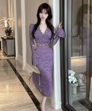 【3色】ロングドレス キャバドレス セクシー Vネック レース切り替え タイトワンピース ベルト付き 上品 シルエット LW2-DD6011