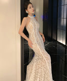 ロングドレス キャバドレス セクシー レース フリル ホルターネック バックオープン マーメイドライン パーティー JC2-XHY9895