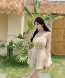 ミニドレスベアトップふわふわAラインチュールパーティードレス谷間見せ誕生日ドレスセクシー WQ2-DD4554