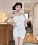 【2色】キャミワンピース ミニドレス キャバドレス セクシー ミニ丈 Vネック ウエストマーク タイトシルエット ボディコン パーティー LW2-DD5944