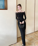 Lady's coco ロングドレス キャバドレス セクシー　オフショルダー レース切り替え セクシー スリムフィット エレガントドレス 結婚式 二次会 披露宴 パーティー 上品 LW2-DD5922