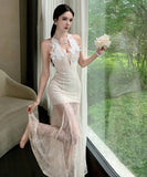 ロングドレス キャバドレス セクシー フレンチ レース ホルターネック シアー 細見え JC2-XHY919863