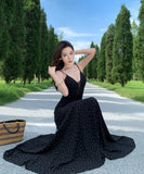 ロングドレス キャミワンピ  キャミワンピ フレンチレトロドット柄 Vネック エレガント 着痩せ デート 女子会 JC2-CD6-157-82430670