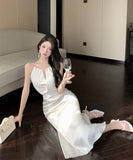 ロングドレス セクシー ホワイトサテン ホルターネック マーメイドロングドレス エレガント 結婚式のお呼ばれ パーティー JC2-XKDD200-0615A-Sep3