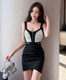 【3色】ミニドレス キャバドレス セクシー ローカット Vネック ジップ バイカラー ボディコン 指名 クラブ JC2-YM8894