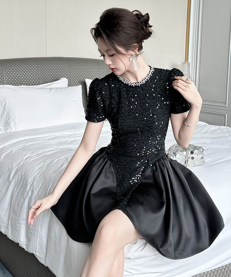 手作りドレスミニドレスキラキラ高級感Aラインパフスリーブ誕生日ドレスセレブ風着痩せ気質 WQ2-JY21695