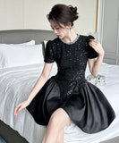 手作りドレスミニドレスキラキラ高級感Aラインパフスリーブ誕生日ドレスセレブ風着痩せ気質 WQ2-JY21695
