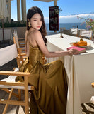 ロングドレス キャバドレス セクシー エレガント バックオープン ウエストマーク キャミワンピ ゴールド ギャザー JC2-XHY919324