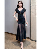 【2色】ロングドレス キャバドレス セクシー Vネック シアーメッシュ エレガント 透け感 ボディコン JC2-JX5852