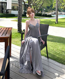 ロングドレス キャバドレス セクシー ビジュー付き Vネック バックレス キャミソール フレアシルエット プリーツ加工 バースデー JC2-XHY911117