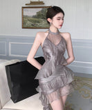 ミニドレスホルターネックチュール大人可愛いフリル非対称パーティー気質フランス風 WQ2-SJHY-X4699