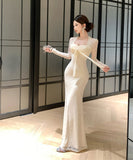 Lady's coco ロングドレス キャバドレス セクシー レース切り替え リボン付き フェイクツーピース タイトマーメイドワンピース ウエストシェイプ パーティー 二次会 披露宴 デート LW2-OYF5693