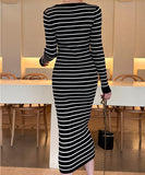 Lady's coco ロングドレス キャバドレス セクシー 秋冬新作 ニットワンピース クルーネック 長袖 ストライプ柄 タイトシルエット ミディ丈 LW2-DD6032