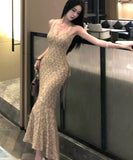 Lady's coco ロングドレス キャバドレス セクシー バックレス スパンコール マーメイドワンピ 交差ストラップ パーティー 二次会 JC2-XHY919310