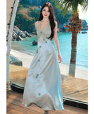 ロングドレス キャバドレス セクシー フレンチ 立体フラワー ホルターネック サテン ウエストマーク 上品 JC2-CD6-628-8100630