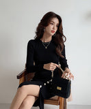 【2色】膝丈ドレス キャバドレス セクシー きれいめ タイト ニットワンピ ウエストマーク スリット 上品 細見え オフィスコーデ  デート JC2-ZED88021E325