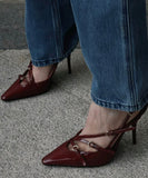 【2色】ハイヒール  ポインテッドトゥ フレンチ ベルトバックル付き クローズドトゥサンダル レトロ エナメルハイヒール JC5-FZ-HC-5