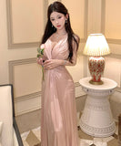 Lady's coco ロングドレス キャバドレス セクシー シャンパンピンク 調節可能 ディープV バックレス ツイストデザイン ギャザー入り 誕生日 パーティー JC2-XHY919295