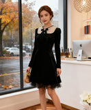 Lady's coco 膝丈ドレス キャバドレス セクシー  ベロアドレス パール付き クルーネック リボンデザイン ウエストマーク 長袖 フレアワンピース 上品デザイン デート 女子会 パーティー お呼ばれ 二次会 LW2-JY45408