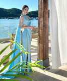 Lady's coco ロングドレス キャバドレス セクシー 肌見せデザイン カットアウト ウエスト ハイスリット ドレープ ライトブルー パーティー バースデー イベント JC2-XHY918251