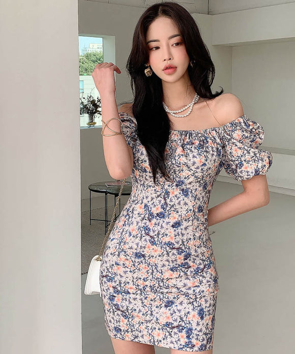 ミニドレス花柄パフスリーブオフショルダーエレガントカワセクシータイトドレスパーティーエレガント WQ2-ZED885751A71
