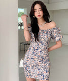 ミニドレス花柄パフスリーブオフショルダーエレガントカワセクシータイトドレスパーティーエレガント WQ2-ZED885751A71