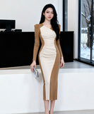 Lady's coco ロングドレス キャバドレス セクシー フレンチ風 Vネック デザイン バイカラー タイトワンピース 包臀ライン LW2-JY21896