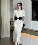 手作りドレスロングドレス膝丈ドレスレースリボン着痩せ気質宴会パーティー二次会セレブ風高級感 WQ2-JY21675