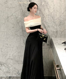 Lady's coco ロングドレス キャバドレス セクシー フレンチ風 ブラック×ホワイト バイカラー ワンショルダー ワンピース 上品ドレス デート 女子会 二次会 披露宴 パーティー LW2-XHY919306