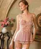 ルームウェア ランジェリー セクシー セット メッシュ スイート系 フリルスリーブ 刺繍入り 誘惑 レース JC8-GR6634