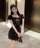 ミニドレスレースリボンパフスリーブエレガント体型カバー宴会パーティー女子力通勤 WQ2-ZED883254DXH502